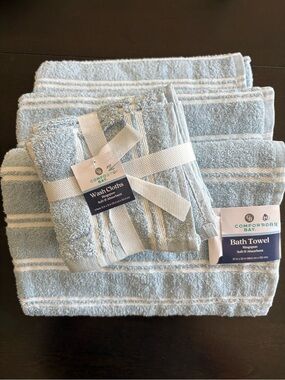 Comfort Bay 100% Cotton Light Blue Stripe Bath Towels Hand Wash Cloths